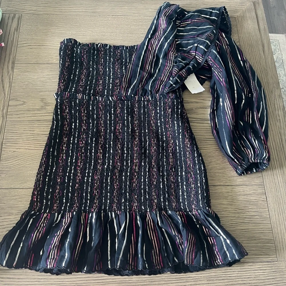 FARM RIO Lurex Stripes One-shoulder Mini Dress in Black M - Picture 8 of 11